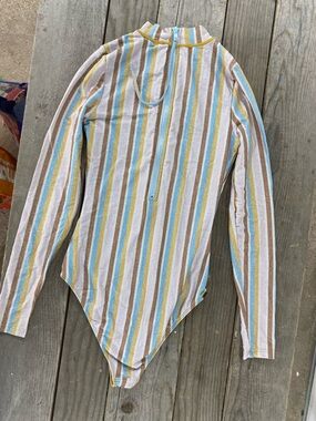 O'Neill Striped Long-Sleeve One-Piece Swimsuit in Blue, Yellow, Brown